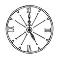 Old vintage style watch silhouette with roman dial. Doodle vector illustration.